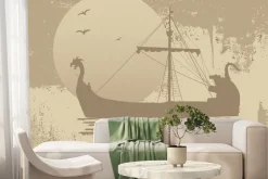 Fototapeta: Piracki statek na morzu na tle księżyca