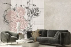 Fototapeta: Piwonie i róże na tle kratki