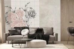 Fototapeta: Piwonie i róże na tle kratki