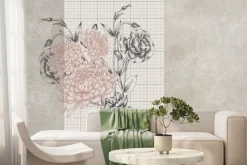 Fototapeta: Piwonie i róże na tle kratki