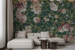 Fototapeta: Piwonie na złotym łańcuszku na zielonym tle