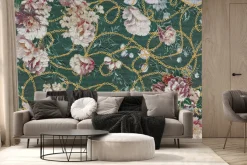 Fototapeta: Piwonie na złotym łańcuszku na zielonym tle