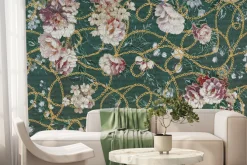 Fototapeta: Piwonie na złotym łańcuszku na zielonym tle