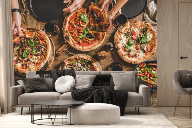 Fototapeta: Pizza party widok z góry na wspólny posiłek