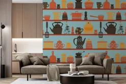 Fototapeta: Półki z porcelanowymi dzbankami i kawą