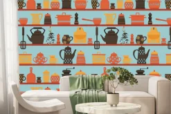 Fototapeta: Półki z porcelanowymi dzbankami i kawą