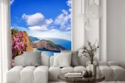 Fototapeta: Plaża navagio z morskiej i kwiaty przeciw błękitne niebo na wyspie