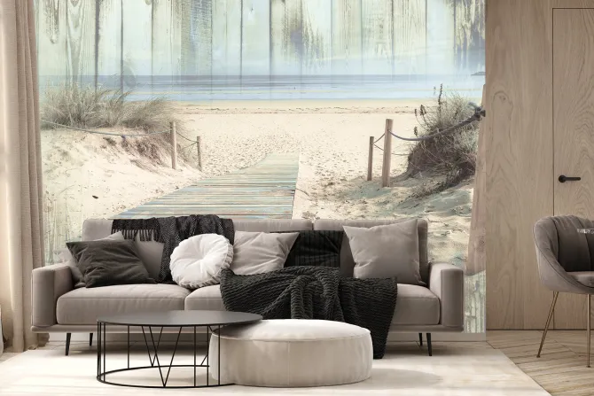 Fototapeta: Plaża z pomostem w imitacji drewnianych desek