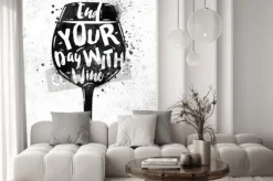 Fototapeta: Plakat kieliszek wina napis zakończyć dzień z wina rysunek czarną