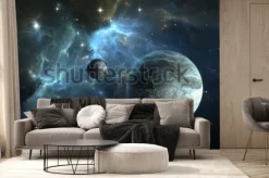 Fototapeta: Planeta pozasłoneczna. kamienna planeta z księżycem na mgławicy