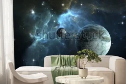 Fototapeta: Planeta pozasłoneczna. kamienna planeta z księżycem na mgławicy