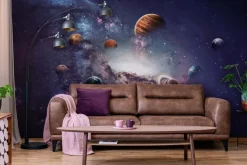 Fototapeta: Planety i galaktyka na tle gwiazd i fioletowego nieba