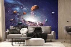 Fototapeta: Planety i galaktyka na tle gwiazd i fioletowego nieba