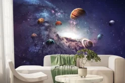 Fototapeta: Planety i galaktyka na tle gwiazd i fioletowego nieba