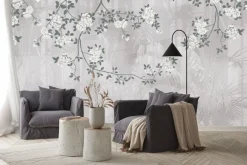 Fototapeta: Pnącza białych róż na roślinnym tle