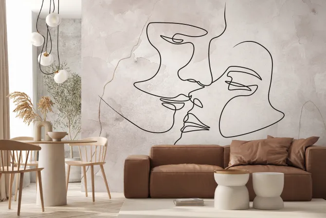 Fototapeta: Pocałunek zakochanych w stylu line art z delikatnym akwarelowym