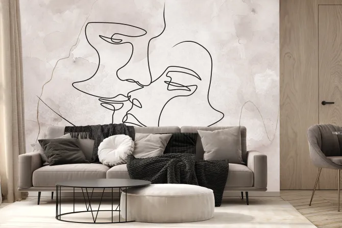 Fototapeta: Pocałunek zakochanych w stylu line art z delikatnym akwarelowym