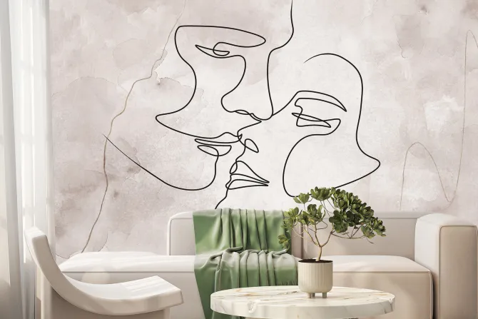 Fototapeta: Pocałunek zakochanych w stylu line art z delikatnym akwarelowym