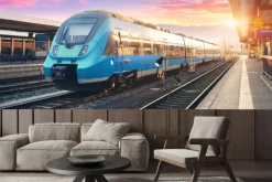 Fototapeta: Pociąg na dworcu w promieniach zachodzącego słońca