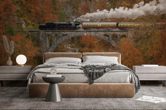 Fototapeta: Pociąg na moście w jesiennym lesie