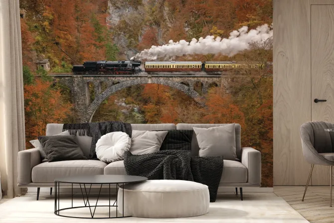 Fototapeta: Pociąg na moście w jesiennym lesie