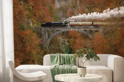 Fototapeta: Pociąg na moście w jesiennym lesie