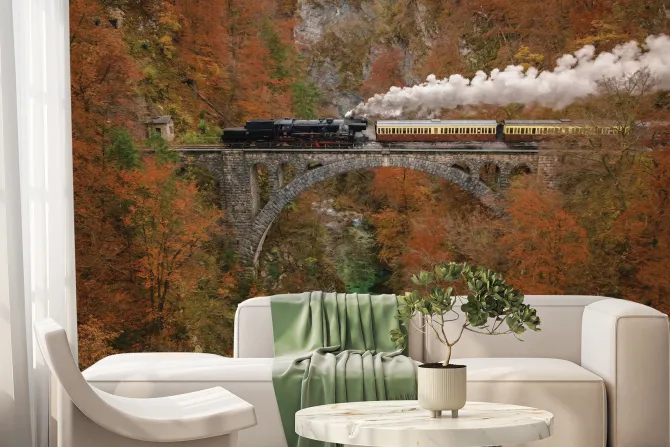 Fototapeta: Pociąg na moście w jesiennym lesie