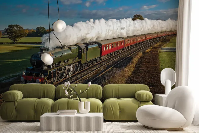 Fototapeta: Pociąg parowy jadący przez pola