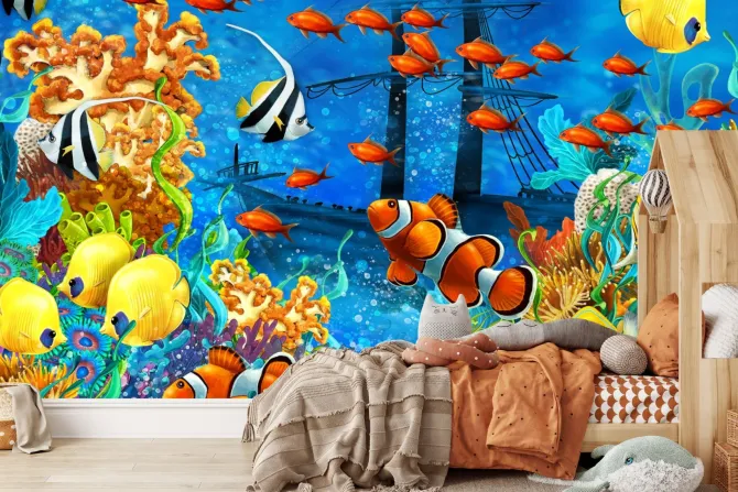 Fototapeta: Podwodny krajobraz z rybami statkiem i rafą koralową w żywych