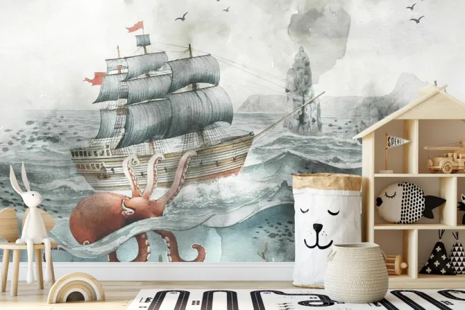 Fototapeta: Podwodny świat z ośmiornicą statkiem i rybami bajkowy wzór