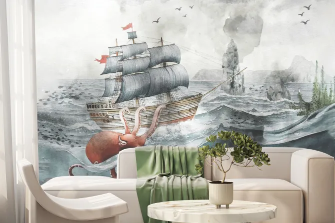 Fototapeta: Podwodny świat z ośmiornicą statkiem i rybami bajkowy wzór