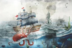 Fototapeta: Podwodny świat z ośmiornicą statkiem i rybami bajkowy wzór