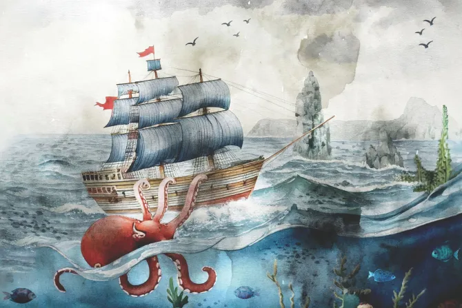 Fototapeta: Podwodny świat z ośmiornicą statkiem i rybami bajkowy wzór