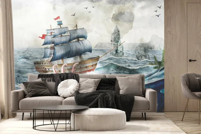 Fototapeta: Podwodny świat z ośmiornicą statkiem i rybami bajkowy wzór