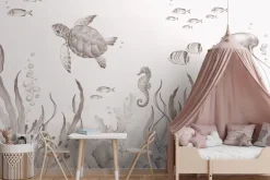 Fototapeta: Podwodny świat z morskimi zwierzętami akwarela dziecięca ilustracja