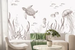 Fototapeta: Podwodny świat z morskimi zwierzętami akwarela dziecięca ilustracja