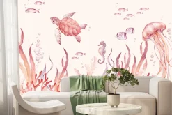 Fototapeta: Podwodny świat z morskimi zwierzętami akwarela dziecięca ilustracja