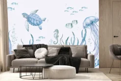 Fototapeta: Podwodny świat z morskimi zwierzętami akwarela dziecięca ilustracja