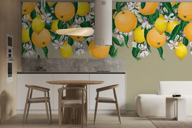 Fototapeta: Pomarańcze i cytryny wśród liści i kwiatów