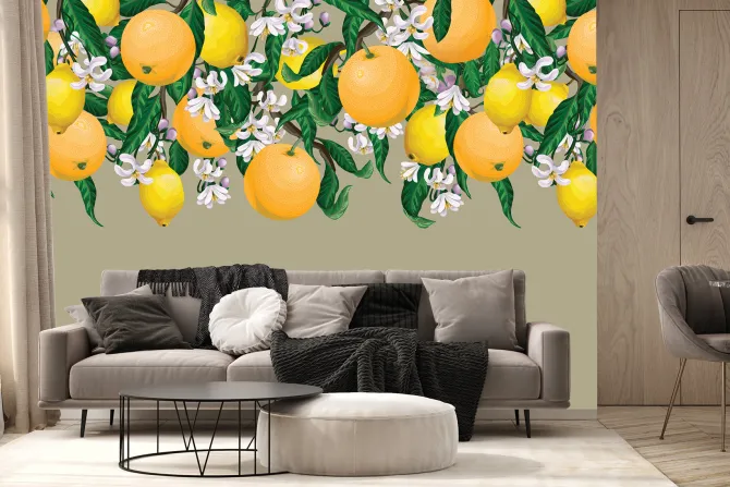 Fototapeta: Pomarańcze i cytryny wśród liści i kwiatów