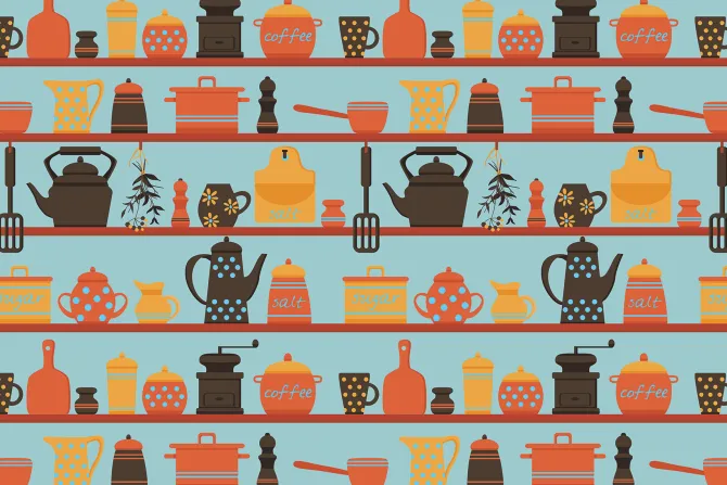 Fototapeta: Porcelanowa zastawa kuchenna na półkach