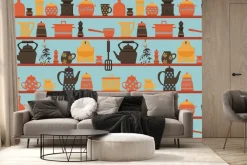 Fototapeta: Porcelanowa zastawa kuchenna na półkach