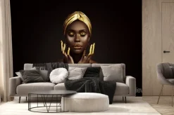 Fototapeta: Portrait closeup beauty fantasy african woman face in gold paint.