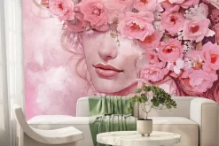 Fototapeta: Portret kobiecej twarzy wśród kwiatów w akwarelowym stylu
