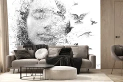 Fototapeta: Portret kobiety z zamkniętymi oczami i stadem latających ptaków