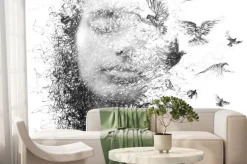 Fototapeta: Portret kobiety z zamkniętymi oczami i stadem latających ptaków