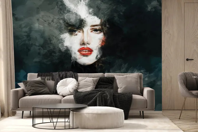 Fototapeta: Portret kobiety z czerwonymi ustami w czerni