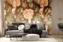 Fototapeta: Portret kobiety z kwiatami na głowie tropikalny vintage wzór