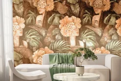 Fototapeta: Portret kobiety z kwiatami na głowie tropikalny vintage wzór