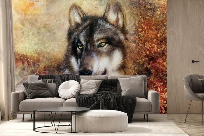 Fototapeta: Portret wilka z ozdobnym ornamentem w tle